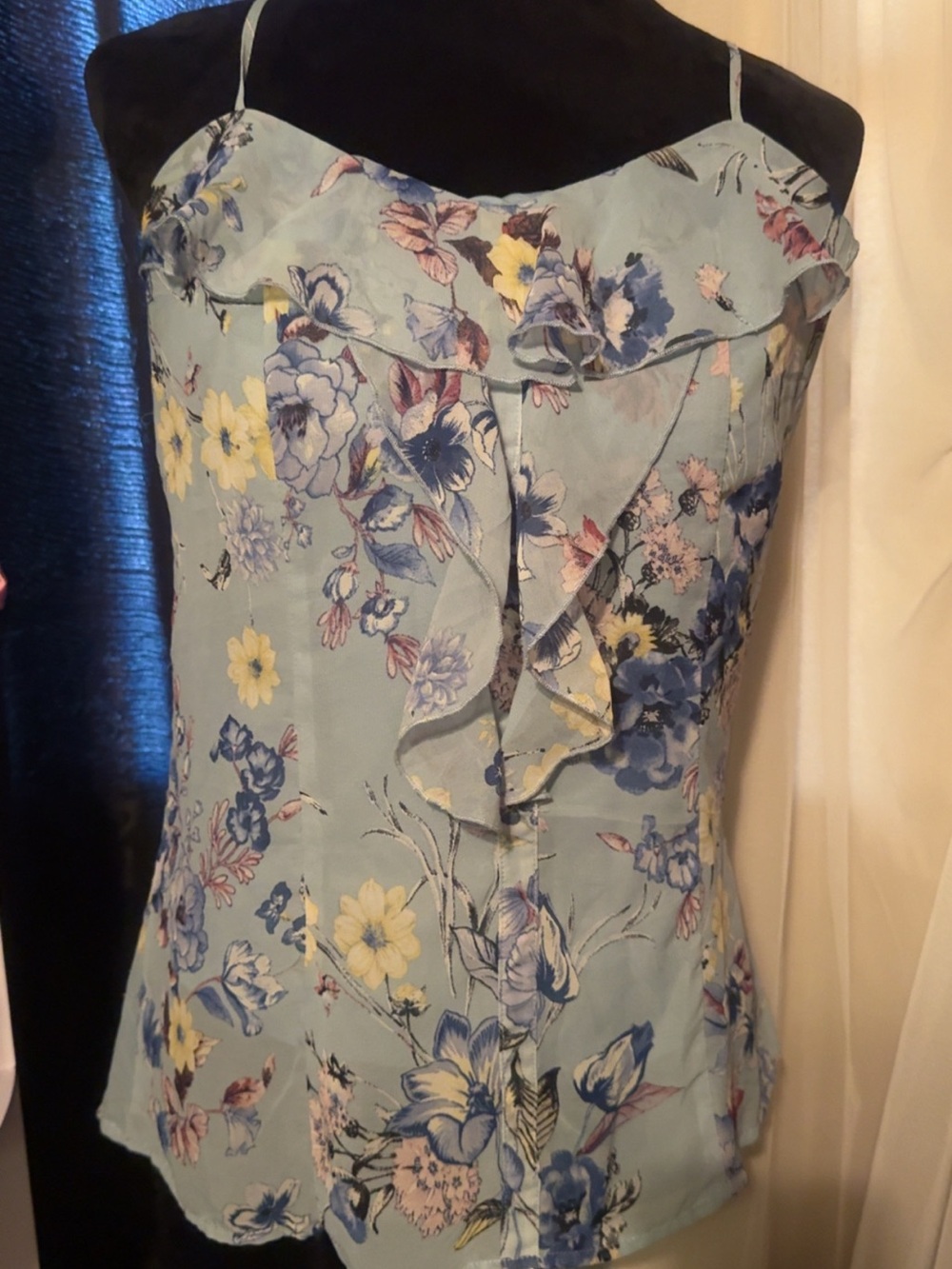 Xhilaration Light Blue Floral Ruffle Spaghetti Strap Tank Top